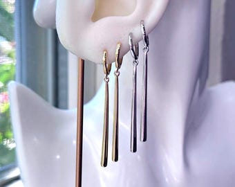 14K Gold Long Bar Stick Pendant Earring, Modern Long Dangle Earring, Minimal Long Drop Earring, Simple Long Earring Christmas Gift for Her