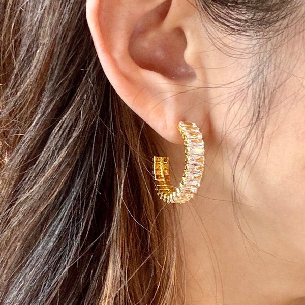 18K Gold Baguette Eternity Hoop Earrings, CZ Diamond Hoop Earrings, Gold statement Hoop Earrings, Party Earrings, Gift for Her