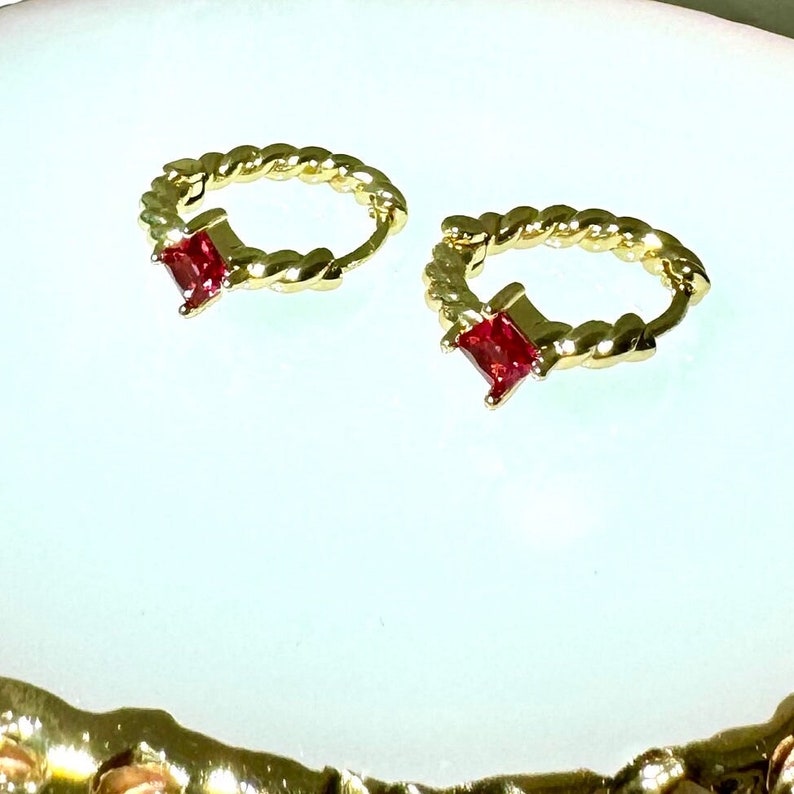 14K Gold Ruby Hoop Earrings, Twisted Gold Red Diamond Huggies, Dainty ...