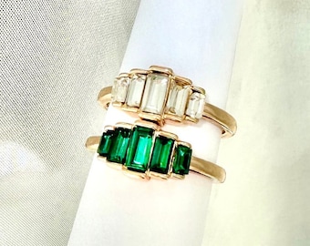 14K Gold Baguette Emerald Ring, Gemstone Statement Ring, Tarnish Free Ring, Crystal Gemstone Baguette Stacking Ring, Dainty Stacking Ring