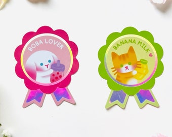 Badge Mignon Sticker Holographic, Bubble tea mignon Sticker, Korean milk mignon sticker, Médaille Kawaii Holo Sticker