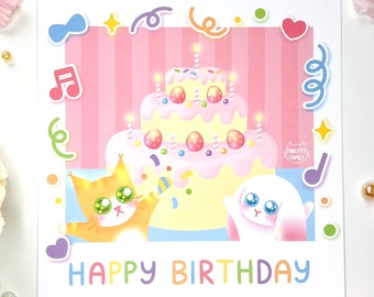 Cute Birthday Greeting card, Happy Birthday Cute Postcard, Kawaii Card / Bunny and Cat Art print