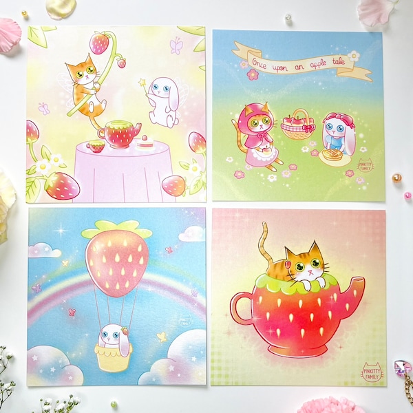 Carte postale nacrée, Carte mignonne fraise, Carte perlée kawaii / Chat et lapin Art print