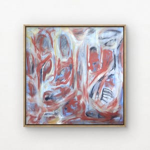 Square Abstract Mix Media Painting: Orange, Blue, Black Organic Shapes, 80x80 cm