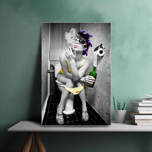 Woman Drinking Wine Bar Cart Art Girl Smoking in Toliet Black White Vintage Fine Art Print Poster Canvas Modern Wall Art Best Gift For Home