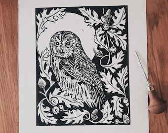 Limited Edition Tawny Owl & Oak leaves, Linocut, Lino Print, Art Nouveau style.