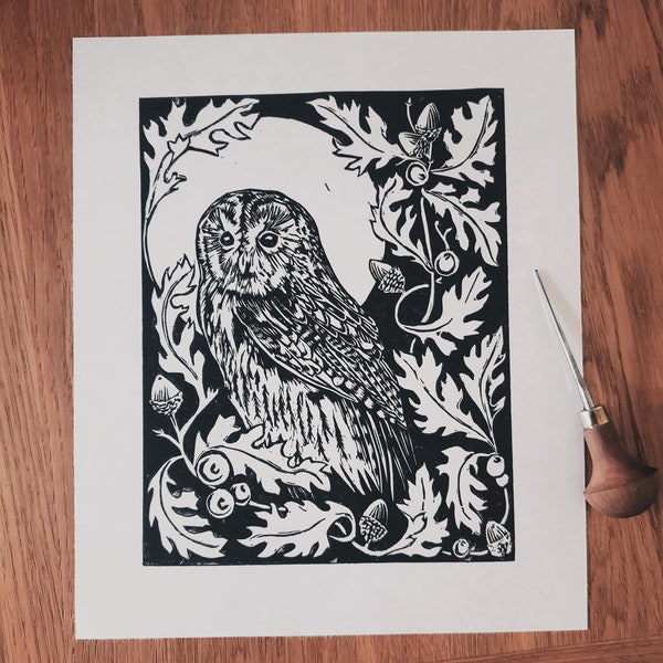 Limited Edition Tawny Owl & Oak leaves, Linocut, Lino Print, Art Nouveau style.