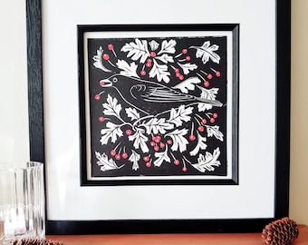 Blackbird and Hawthorn, Blackbird Print, Blackbird Lino print, Linocut, Lino Print, Folk Art, Nature Print, Hand Coloured