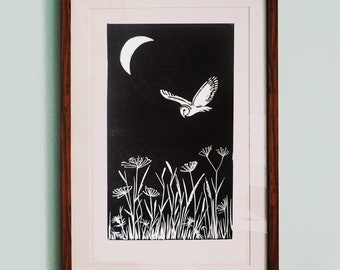 Moon Flight Over the Cow Parsley. Original Lino Print of Barn Owl in flight.