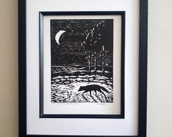 Fox lino print, lino cut, relief print, folk art, animal art, fox print, across the stubble field, nature art