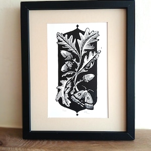Puede incluir: Impresión enmarcada en blanco y negro que presenta una rama de roble con hojas, bellotas y una polilla. La obra de arte está enmarcada en un marco de madera negro. La impresión se muestra sobre una superficie de madera.