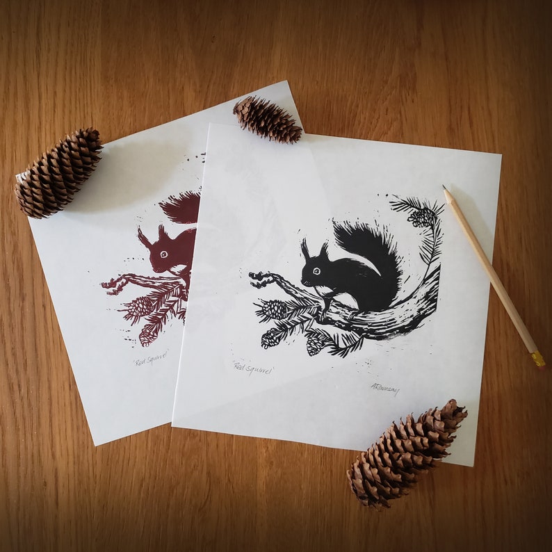May include: Two square prints of a squirrel on a branch, one in black and the other in burgundy, with the text "Red Squirrel". The prints are accompanied by pine cones and a pencil on a wooden surface.