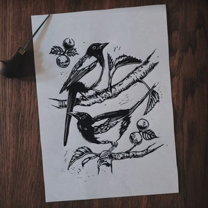 Magpie Lino Print, Linocut, Relief Printing, Magpie Linocut, Two For Joy