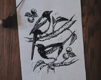 Magpie Lino Print, Linocut, Relief Printing, Magpie Linocut, Two For Joy