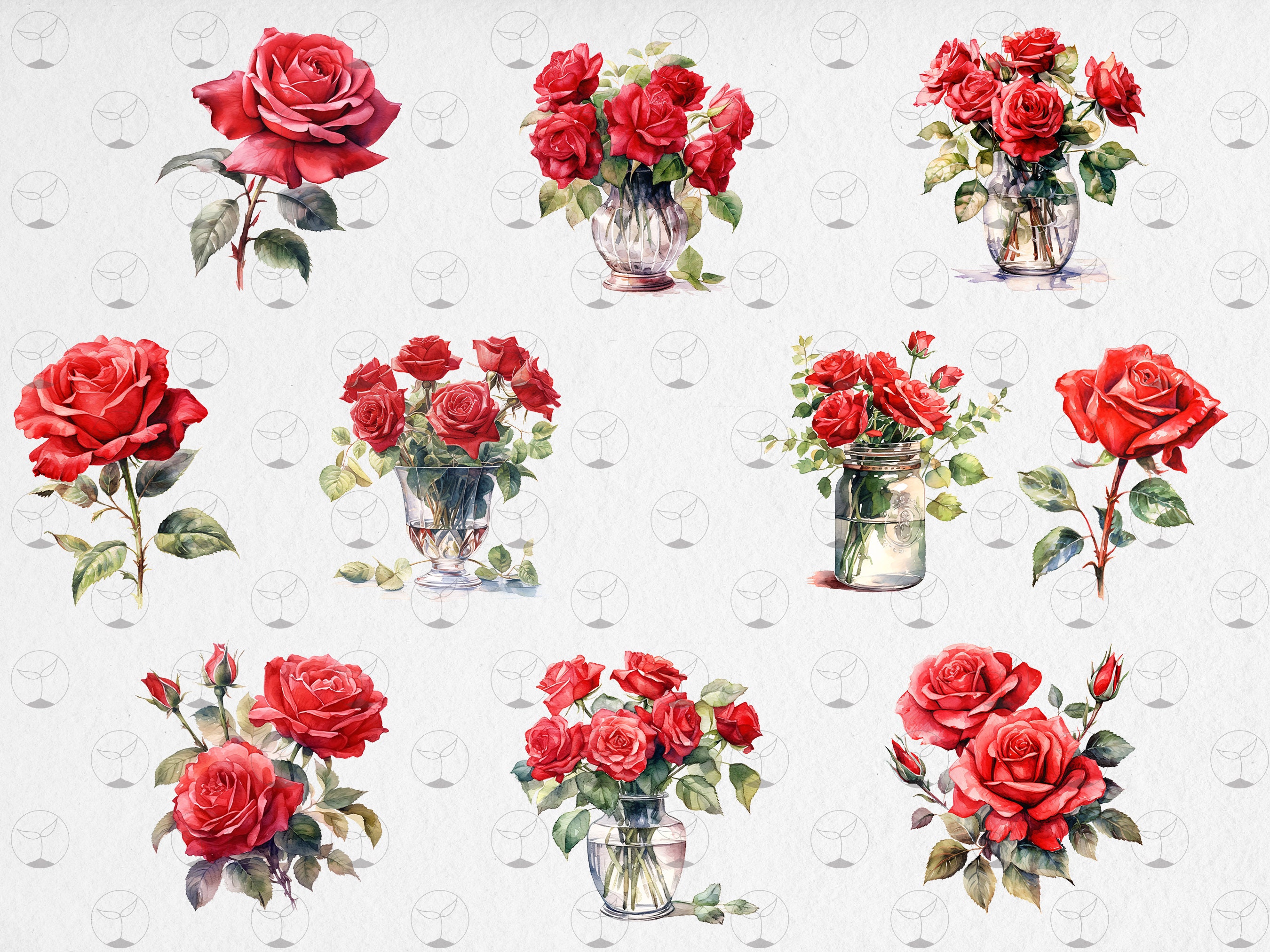 Red Watercolor Roses - Digital Cliparts in High Resolution, Instant ...