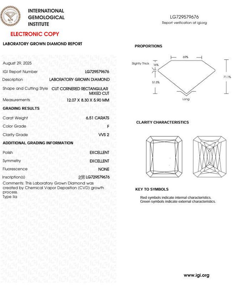 criss cut diamond, step cut lab diamond, 6.5 carat lab diamond, F color diamond, VVS2 clarity lab grown, IGI certified diamond, elongated diamond shape, unique fancy cut diamond, luxury engagement diamond, custom ring center stone, ethical lab grown diamond, modern step cut diamond, high end jewelry stone