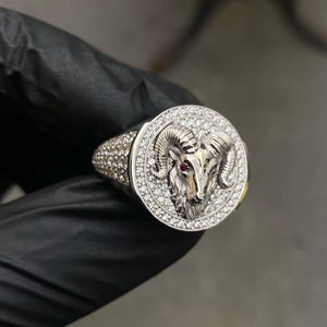 Men's Lab Grown Diamond Ram Head Ring, 14K White Gold Iced Out Signet Ring, Aries Zodiac Statement Ring, Hip Hop Jewelry, Gift for Him