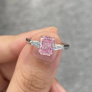 Radiant Cut 3 Carat Pink Lab Diamond & Tapered Baguette 1ctw | Three Stone Engagement Ring in Gold