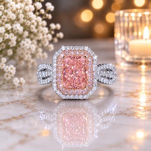 2.00CT Vivid Pink Radiant Cut Lab Grown Diamond Double Halo Engagement Ring IGI Certified Fancy Pink Diamond Ring, Infinity Split Shank Ring