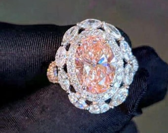 3 karaat ovaal geslepen roze laboratoriumring diamant | Markiezin Halo | Lab diamanten verlovingsring in goud | IGI-gecertificeerd | Aanpasbaar