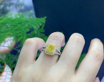 1 Carat Radiant Yellow Lab Diamond Ring | 18k Gold Double Halo
