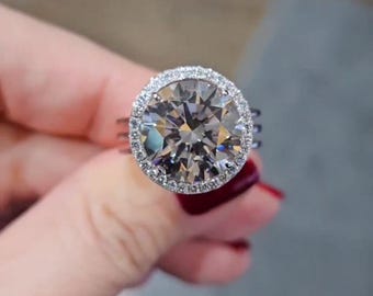Round Cut Lab Grown Diamond 7ct Halo Engagement Ring | IGI Certified 7 Carat Diamond Ring | Custom Ethical Bridal Jewelry | Statement Ring