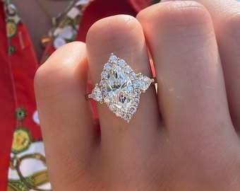 3 Carat Marquise Lab Grown Diamond Engagement Ring: Three Stone Halo