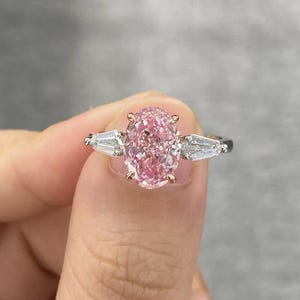 Oval Pink Lab Diamond Engagement Ring: Shield Cut Accents, Solid Gold