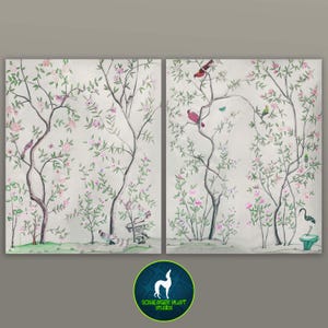 The listing’s pair of antique chinoiserie prints of wispy trees with green leaves and pastel-colored blossoms hosting various colorful birds and a butterfly against an off-white background.