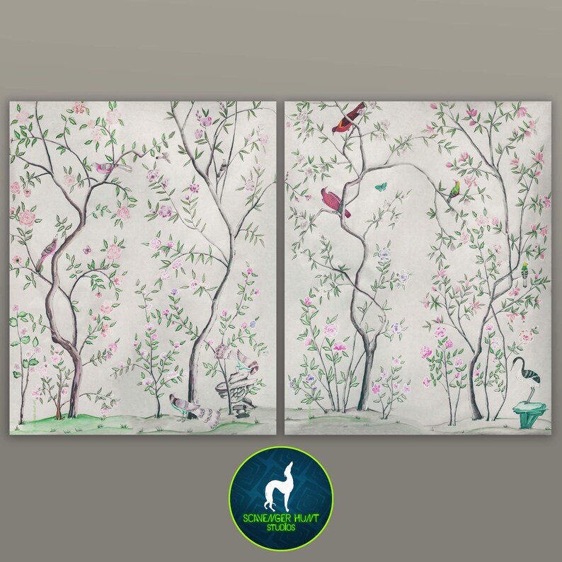 The listing’s pair of antique chinoiserie prints of wispy trees with green leaves and pastel-colored blossoms hosting various colorful birds and a butterfly against an off-white background.
