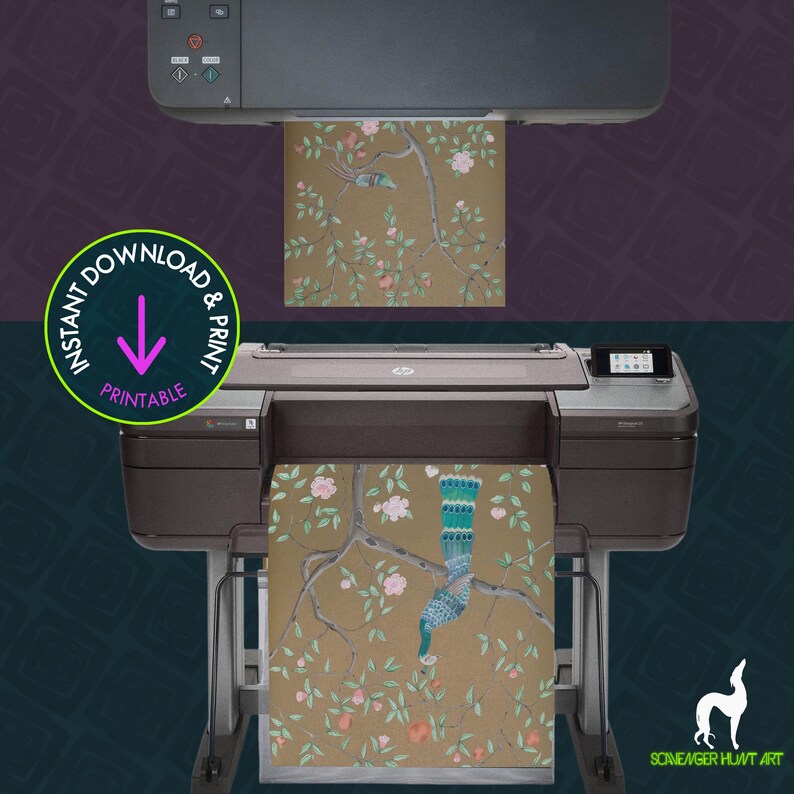 A “Scavenger Hunt Art” graphic illustrating how ‘Instant Download & Print” printable digital art can be printed. One of the listing's images is being printed out on a home printer while another is being printed on a large format printer.