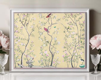 Bird and Floral Chinoiserie Art Print, Grandmillenial Decor (Digital Download)