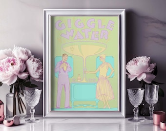 Giggle Water Cocktail Print, Vintage Bar Cart Decor (Digital Download)