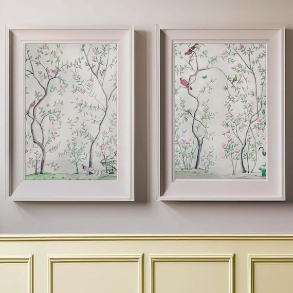 Chinoiserie Wall Art Diptych, Chinoiserie Print, Bird Printable Wall Art, Grandmillenial Art, Grandmillenial Decor, Instant Digital Download