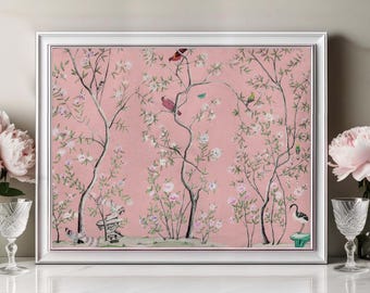 Pink Chinoiserie Bird Art Print, Grandmillennial Decor (Digital Download)