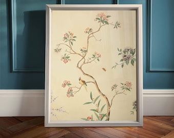 Impresión de pájaro chinoiserie amarillo, arte mural Grandmillennial (descarga digital)
