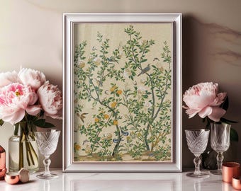 Vintage Chinoiserie Bird Print | Blue White Wall Art (Digital Download)