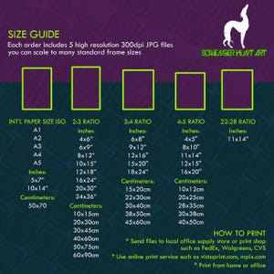 A Scavenger Hunt Art graphic of a ‘Size Guide' for digital art prints. It shows five different paper sizes and aspect ratios (INT'L PAPER SIZE ISO, 2:3 RATIO, 3:4 RATIO, 4:5 RATIO, 22:28 RATIO) with corresponding measurements in inches and centimeters of print size options. The guide also reenforces printing options including local office supply stores such as FedEx, Walgreens and CVS, online print services such as vistaprint.com, mpix.com as well as home printers.