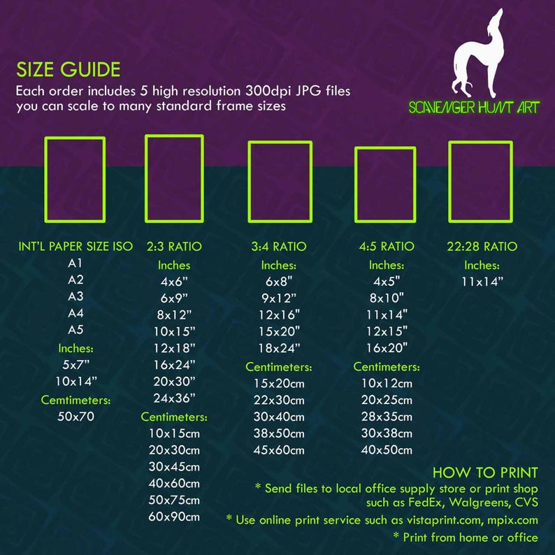 A Scavenger Hunt Art graphic of a ‘Size Guide' for digital art prints. It shows five different paper sizes and aspect ratios (INT'L PAPER SIZE ISO, 2:3 RATIO, 3:4 RATIO, 4:5 RATIO, 22:28 RATIO) with corresponding measurements in inches and centimeters of print size options. The guide also reenforces printing options including local office supply stores such as FedEx, Walgreens and CVS, online print services such as vistaprint.com, mpix.com as well as home printers.