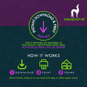 A “Scavenger Hunt Art” graphic on how 'Instant Download & Print’ works. It explains, 'This is printable art delivered as high quality 300 DPI resolution JPEGs. No physical prints will be shipped.’ It further explains the steps, '1 Download,' '2 Print' and '3 Frame.’ It ends with the tip, 'Print at home, online or at your local print shop or office supply store.’