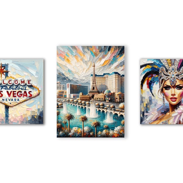 Las Vegas Art Set | 3 Wall Art Set | Travel Print | Palette Knife Oil painting | Instant Download | Vibrant Colors | Wall Decor|