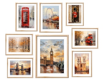 London Gallery Wall Art Set of 8 | London Paintings | London famous landmarks paintings | Oil paintings of London attractions | London Art