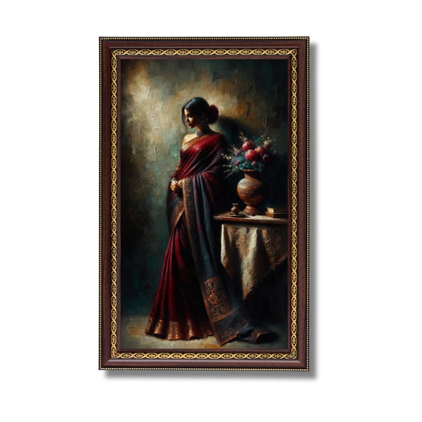 Indian Woman Wall Art | Moody painting | Indian Woman Portrait | Dark wall art | Indian lady | Digital Download | Dark Academia Wall Art