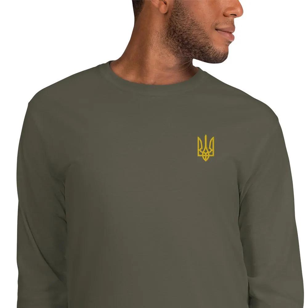 Camicia Ucraina Uomo Manica Lunga Con Ricamo Tridente - Cotone Tela, Girocollo