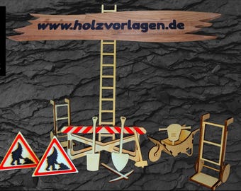 May include: A collection of wooden construction-themed cutouts, including ladders, signs, and tools. The sign reads "www.holzvorlagen.de". Two triangular warning signs feature a worker silhouette. The image also includes the file types: DXF, PDF, SVG, and Lbrn2.
