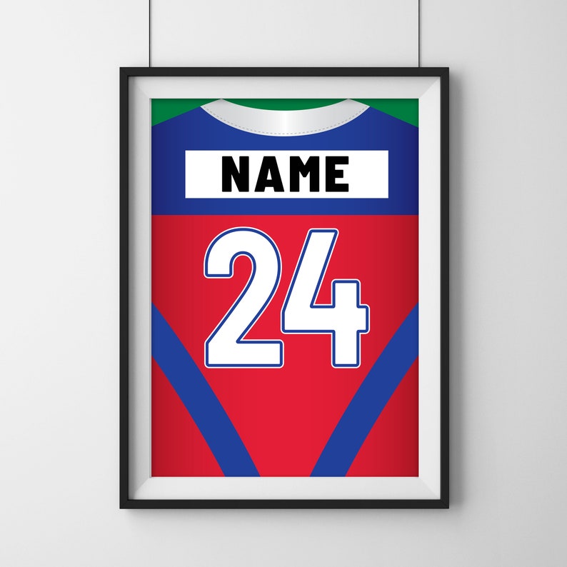 Puede incluir: Una impresi&oacute;n enmarcada de una camiseta deportiva roja, azul y verde con el n&uacute;mero 24 y la palabra "NAME" en ella.