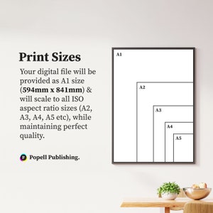 Puede incluir: Una pared blanca con un marco negro que muestra diferentes tama&ntilde;os de papel, etiquetados como A1, A2, A3, A4 y A5. El texto "Print Sizes" est&aacute; en el lado izquierdo de la imagen, con el texto "Your digital file will be provided as A1 size (594mm x 841mm) & will scale to all ISO aspect ratio sizes (A2, A3, A4, A5 etc), while maintaining perfect quality." y "Popell Publishing." debajo.