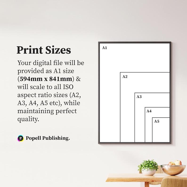 Puede incluir: Una pared blanca con un marco negro que muestra diferentes tama&ntilde;os de papel, etiquetados como A1, A2, A3, A4 y A5. El texto "Print Sizes" est&aacute; en el lado izquierdo de la imagen, con el texto "Your digital file will be provided as A1 size (594mm x 841mm) & will scale to all ISO aspect ratio sizes (A2, A3, A4, A5 etc), while maintaining perfect quality." y "Popell Publishing." debajo.