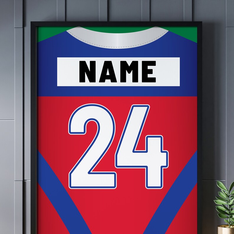 Puede incluir: Una impresi&oacute;n enmarcada de una camiseta roja, azul y verde con el n&uacute;mero 24 y la palabra "NAME" en texto negro.
