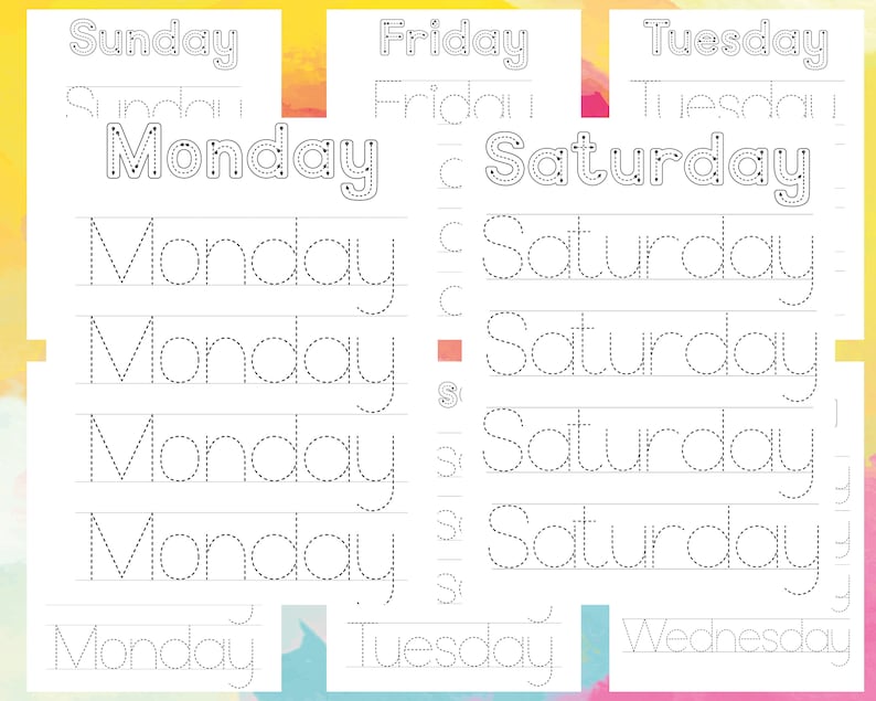 Days of the Week Printable Tracing Worksheetshandwriting - Etsy
